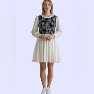513. Embroidered Floral Ric Rac Dress Black Cream